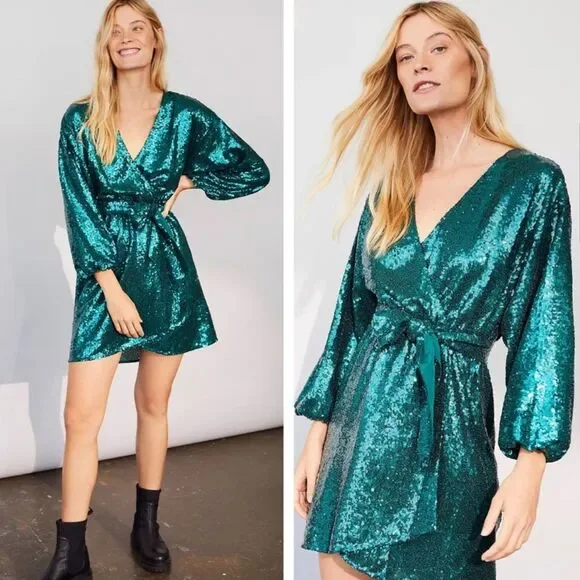 Anthropologie Green Metallic Lisabette Sequined Mini Dress NWT Size XS - Picture 2 of 9